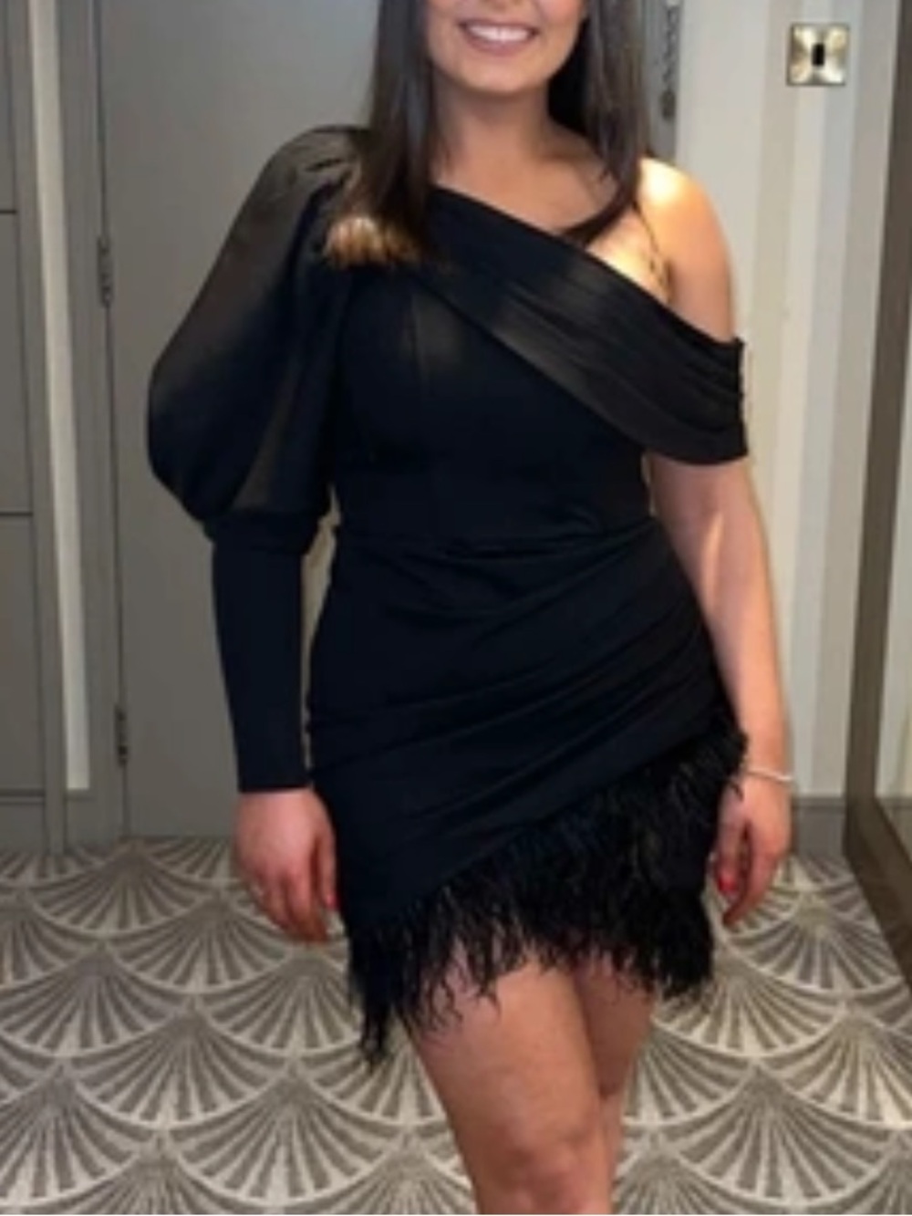 Club London feather trim one shoulder dress nwt
